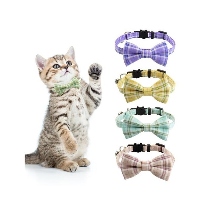 Katzenhalsband mit Karomuster und Glöckchen, Fliege, abnehmbares Haustierhalsband, bequemes, stilvolles Design, Haustierhalsb