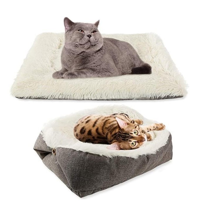 Lange quadratische Plüschdecke für Haustiere, Nest, Katzenkissen, bequeme Schlafhütte, dicke Haustiermatte, zusammenklappbare