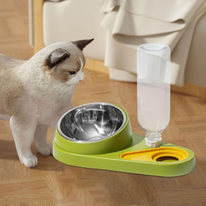 2 in 1 Pet Cat Feeder Water Bowl Tilted Bow Automatic Replenishing Device Eating and weiß
