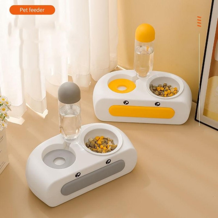 Gelbe Enten-Katzenschüssel Doppelschüssel Automatische Trinkwasserfütterung 2-in-1 Große Kapazität Anti-Verstimmung Nackensch