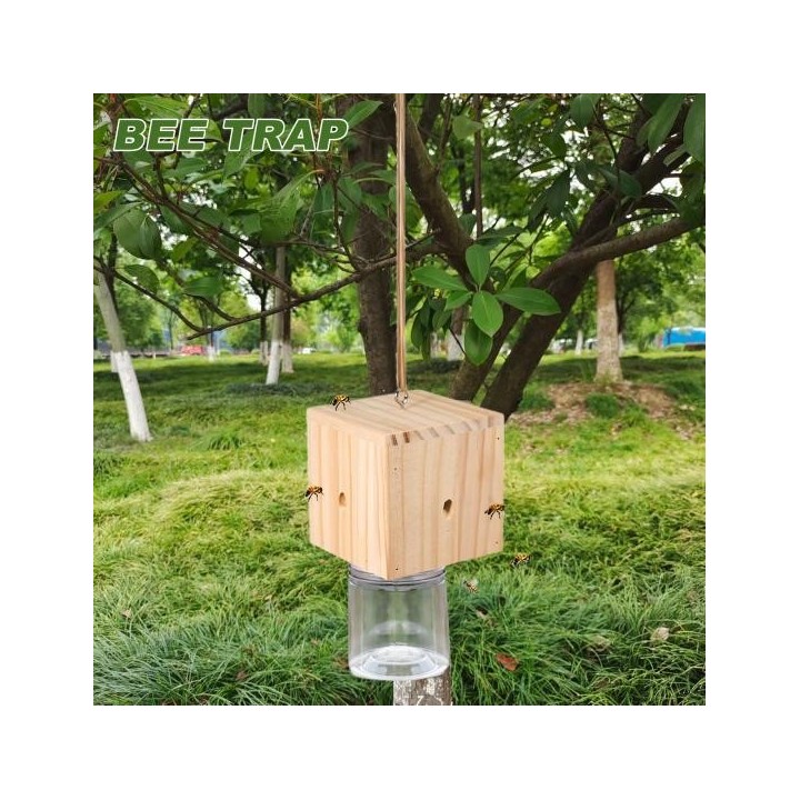 Holz-Zimmermann-Bienenfalle mit durchsichtiger Plastikflasche für den Außenbereich, natürliche, holzgebohrte Bienenfalle, wet