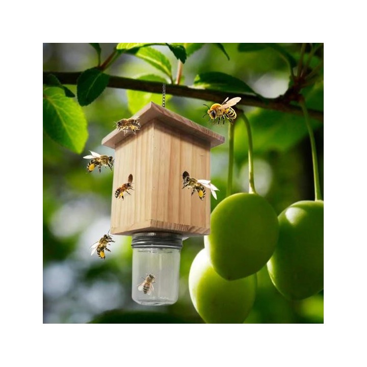 Bienenfalle aus Holz, Würfelform, wartungsarme Insektenfalle mit Flasche, einfach zu platzieren, hängender Bienenfänger hellb