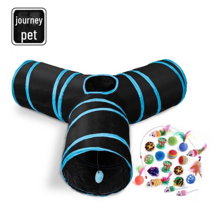 Interaktiver Y-förmiger Dreiwege-Katzentunnel mit faltbarem Laufsteg und rollendem Drachenspielzeug Y three-way tunnel