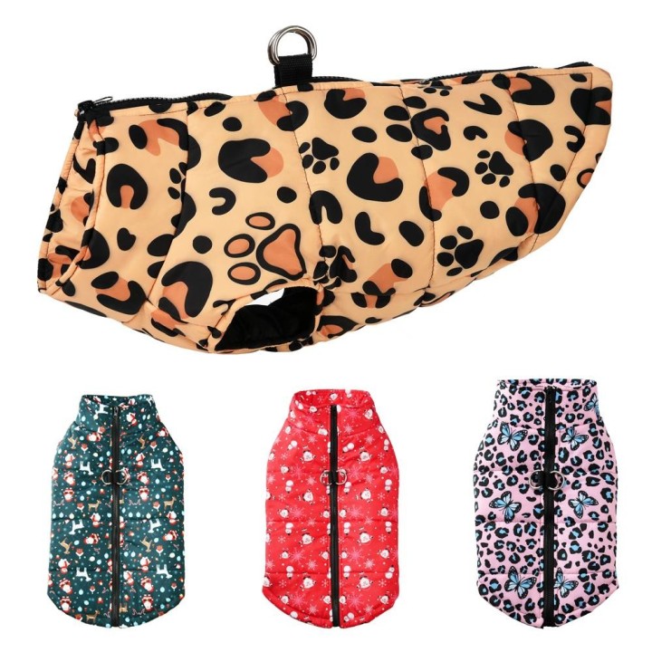 Warme Hundekleidung für Herbst und Winter für kleine große Hunde, wasserdicht, winddicht, Leopardenmuster, Weihnachten, Schme