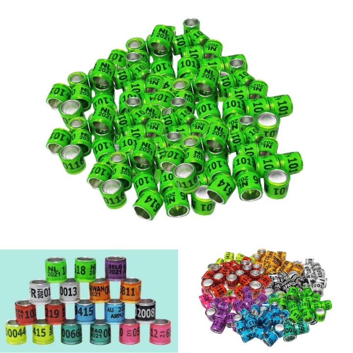 100 Stück Aluminium-Beinringe für Tauben, nummeriert, verschiedene Farben zur Auswahl grün