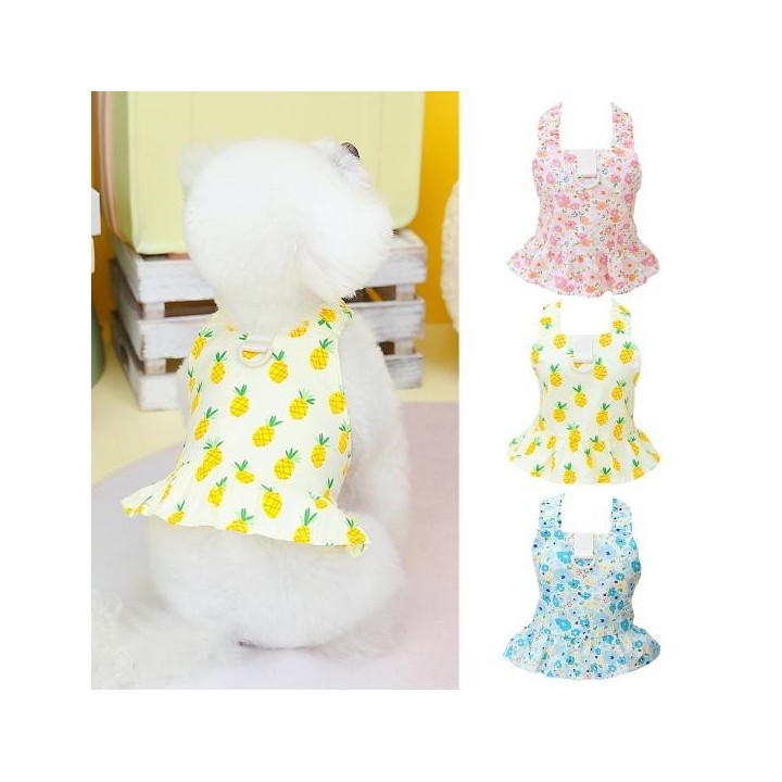 Haustierkleid mit Traktionsschultergurt, Ring, breiter Rüschensaum, Blumendruck, Hundeprinzessinkleid, Frühling, Sommer, dünn