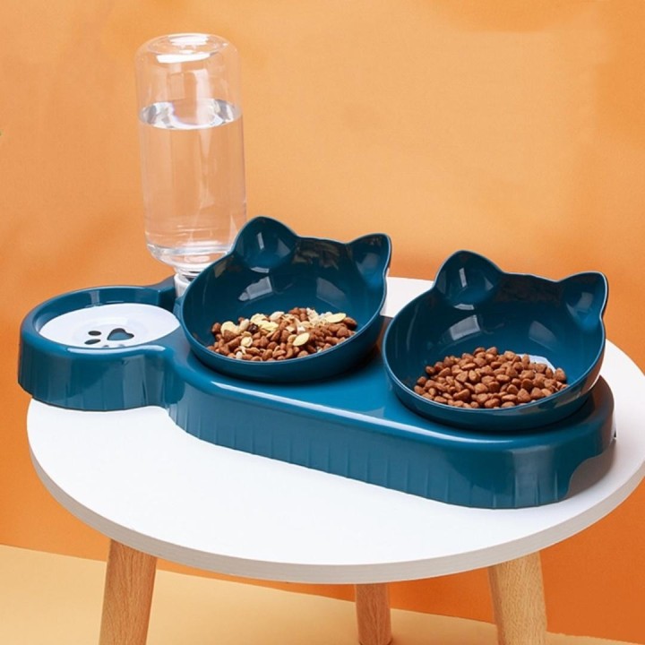 Dreifach-Katzennäpfe 15° Neigung 3-in-1 Wasserfutternäpfe Katzen-Doppelfutternäpfe mit automatischer Wasserflaschenschüssel K