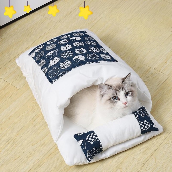 Neuer Katzenschlafsack im japanischen Stil, abnehmbar und waschbar, halbgeschlossenes Katzennest, warmes Katzennest, Winter-K