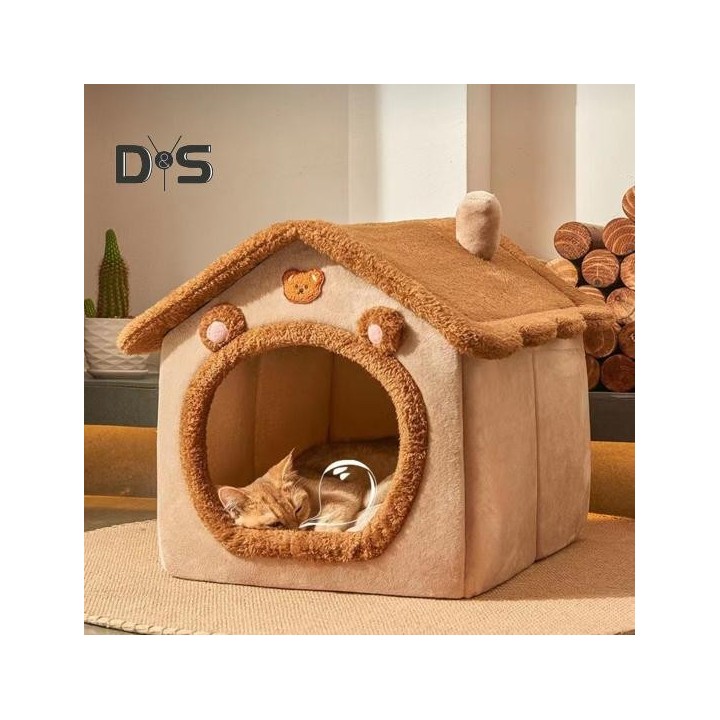 Haustierbetthöhle mit abnehmbarem Kissen, Cartoon-Bär, geschlossene Innenkatzen-Hundehütte, Kätzchenwelpen, Winter, warmes Pl