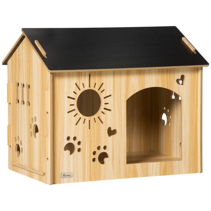 Hundehütte aus Holz Kleintierhaus mit Lüftungsöffnungen Hundehaus mit Dach Hundehöhle Indoor MDF Eiche+Schwarz 69 x 50 x 58,5