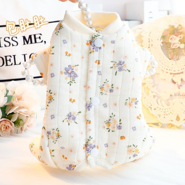 Hundekleidung Herbst und Winter Blumenmuster Doppellagig Zum Schutz Des Bauches Vierbeiniger Kleiner Hund Teddybär Haustier W