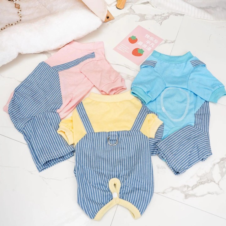 Gestreifter Overall für Haustiere, Kleidung für kleine Hunde, Patchwork-Kleidung in Kontrastfarbe, Hose mit vier Beinen und S