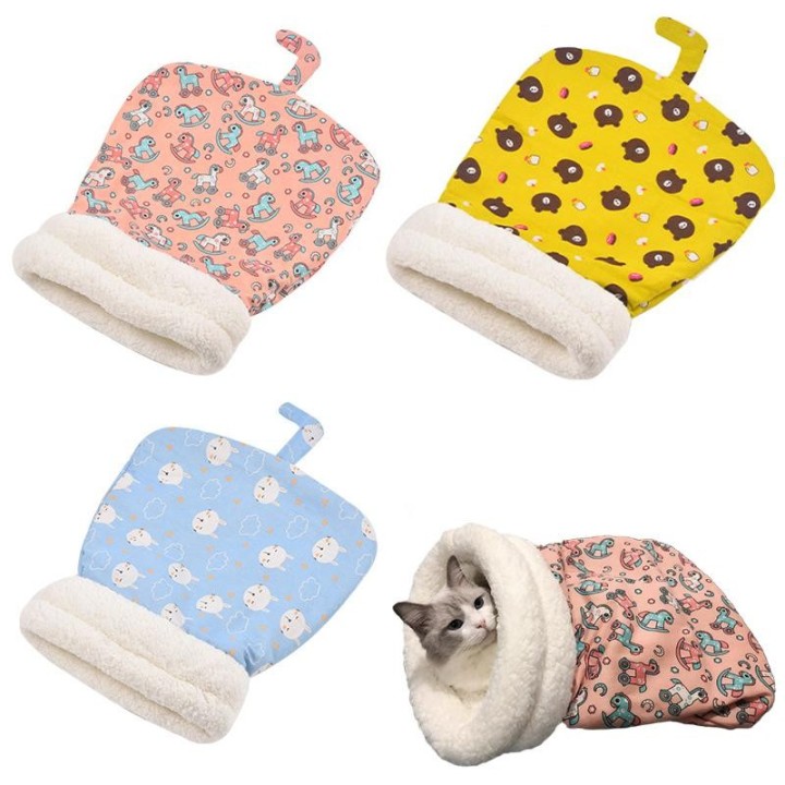 Verdickte Katzentasche aus Cartoon-Lammplüsch, abnehmbarer, warmer Katzenschlafsack für den Winter, weiches, bequemes Nest, H