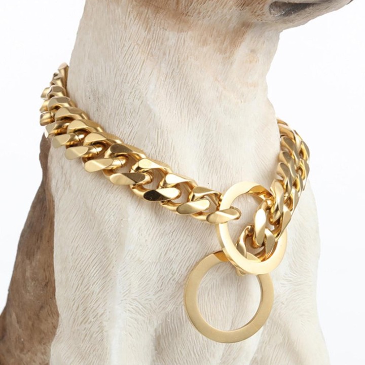 15 mm Hundehalsband aus Edelstahl mit Goldkette, luxuriöse kubanische Gliederkette, langlebige Trainings-P-Kette für große Hu