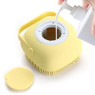 Bade- und Massagebürste für die Fellpflege von Haustieren mit Seifen- und Shampoo-Spender, weiche Silikonborsten für lang- un