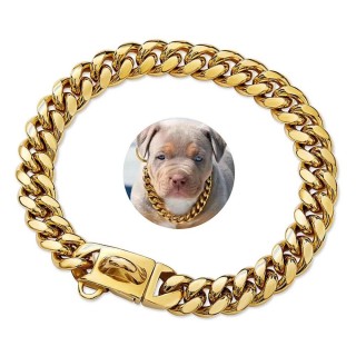 Robustes Hundehalsband aus Edelstahl in Gold mit Sicherheitsschnalle, 15 mm kubanische Gliederkette, Trainingshalsband, Hunde