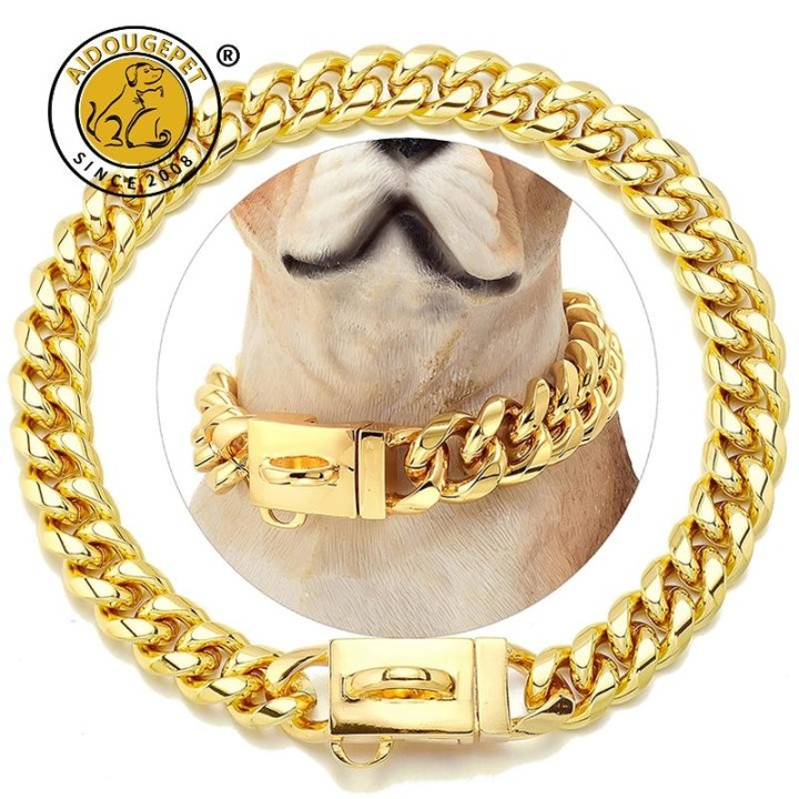 Hundehalsband aus 18 Karat Gold, Edelstahl, kubanische Gliederkette, 14 mm breite Haustierhalskette aus Metall für kleine, mi
