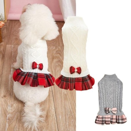 Haustier Pelzkleid Weiß Grau Strickpullover Gespleißt Schleife Karierter Rock Wollmantel Pullover Hund Weihnachtskleidung Wel