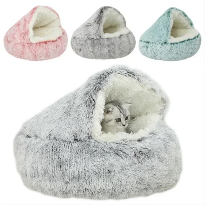 Plüsch-Katzenbett, rundes Kissen, Haus, 2-in-1, warmer Katzenkorb, Haustier-Schlafsack, Katzennest, Zwinger für kleine Hunde
