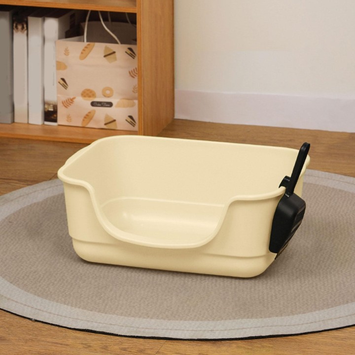 Katzentoilette mit Spritzschutz und hohen Seitenwänden, niedriger Einstieg, Katzentoilette in U-Form, abgesenkt graue