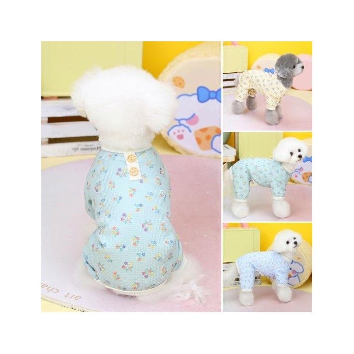 Frühling Sommer Hund Overall Knopf Dekor Blumenmuster Welpen Jammies Weiche Dehnbare 4 Beine Haustier Bekleidung Outfits für