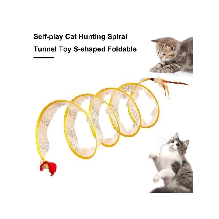 Selbstspielendes Katzenjagd-Spiraltunnelspielzeug, S-förmiger, faltbarer Katzentunnel mit Quasten, Glöckchen und pelzigen Bäl