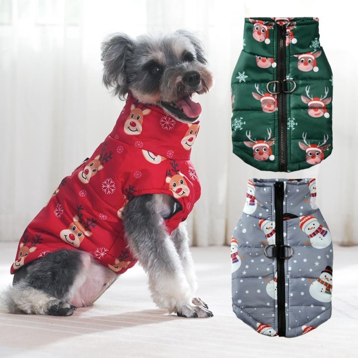 Warme Hundekleidung für kleine mittelgroße Hunde Katzen Herbst Winter Winddichte Welpenjacke mit Weihnachtsdruck Schnauzer Yo