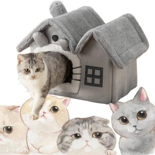 Katzenbett, Schlafhaus, warme Höhle, Kissen, weiches Innenzelt, Hüttensofa für Katzen und Kätzchen grau