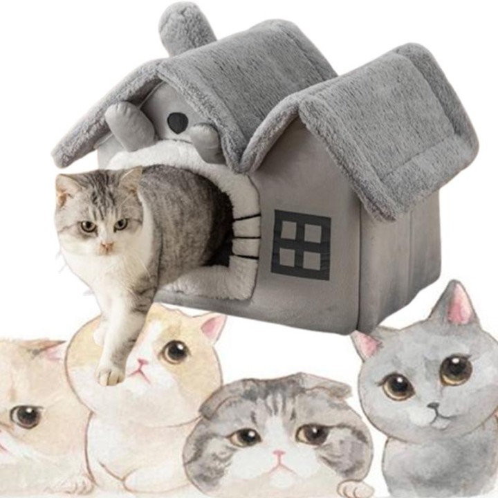 Katzenbett, Schlafhaus, warme Höhle, Kissen, weiches Innenzelt, Hüttensofa für Katzen und Kätzchen grau