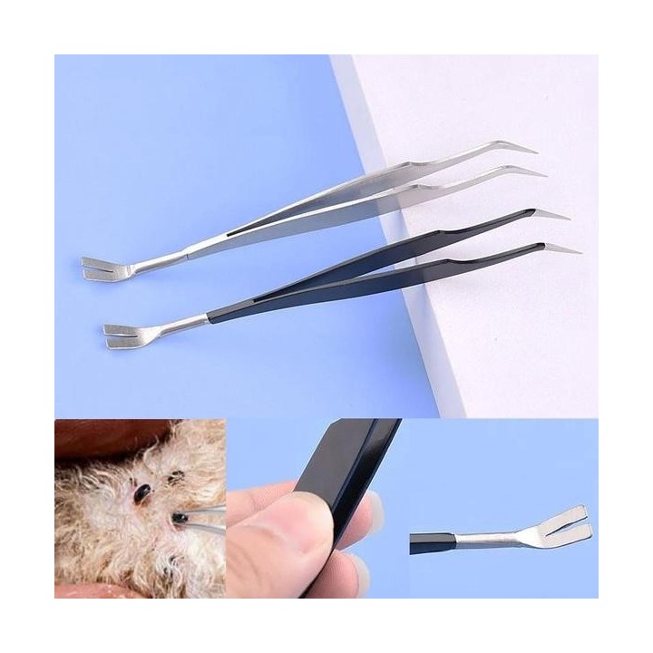 2 in 1 Professionelle Zeckenentfernungspinzette für Haustiere, Hunde und Katzen, Flohclip aus rostfreiem Stahl, Zeckenentfern