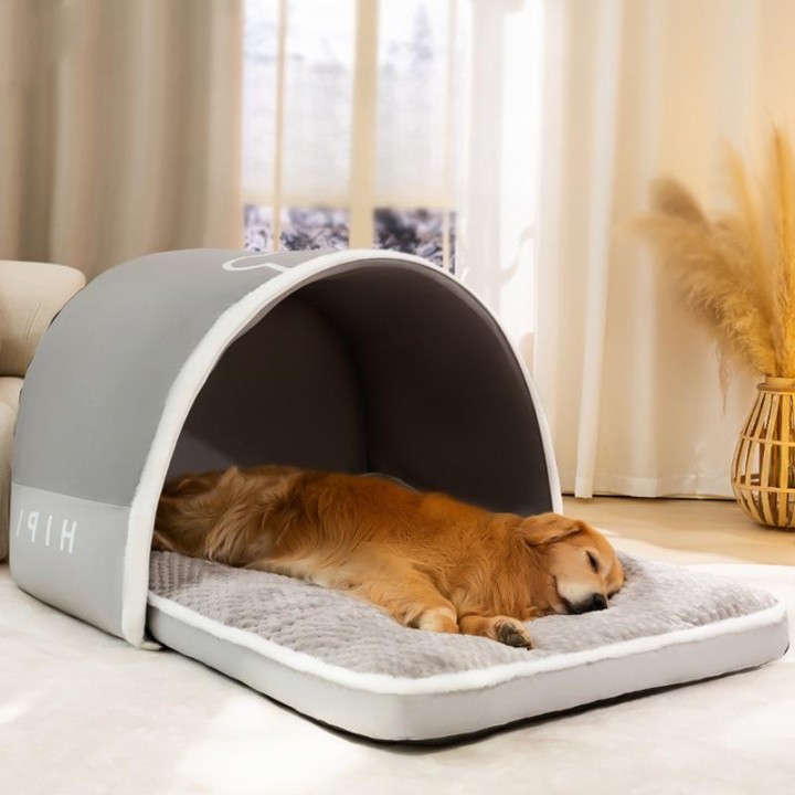 Grauer Tiefschlafvorhang-Bettzwinger für große Hunde Golden Retriever Labrador Winddichte Abdeckung Hundebett Haustier Winter