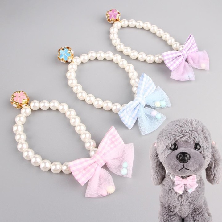 Perlenkette für Haustiere, Schleife, elastisches Halsband, Katzenschmuck, Halsband, Teddy, kleine und mittelgroße Hunde rosa