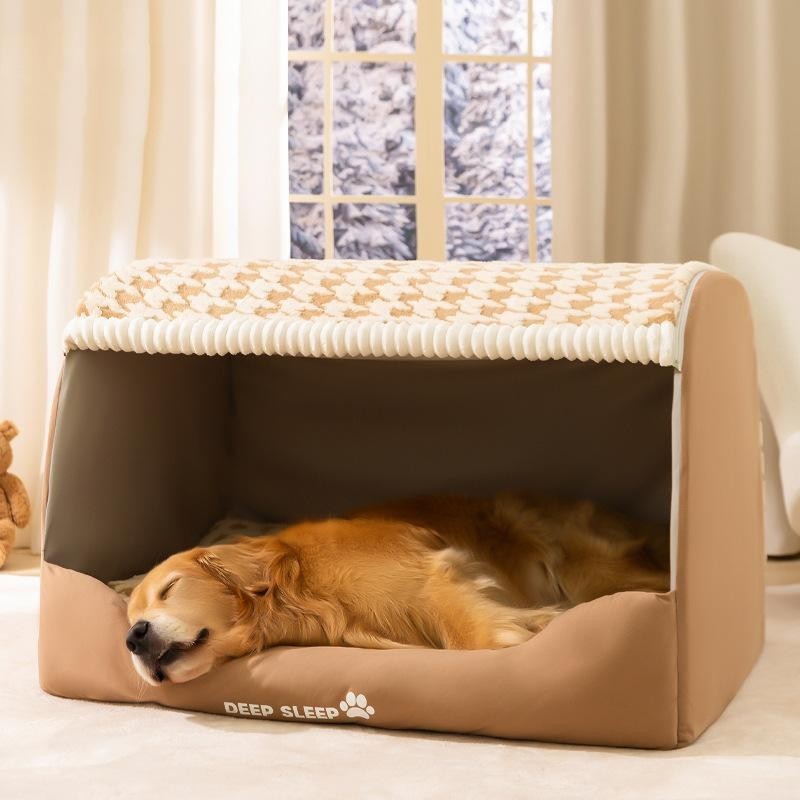 Braunes schlichtes neutrales Hahnentritt-Schubladennest für große Hunde, Golden Retriever, warmes Hundenest für Herbst und Wi