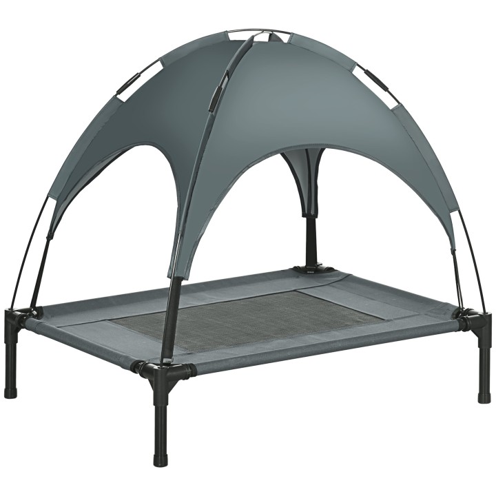 PawHut Hundeliege Outdoor mit Dach, erhöhte, atmungsaktive Taftstoffliege in Grau 76x61x73cm für komfortable Tierhaltung   Ao
