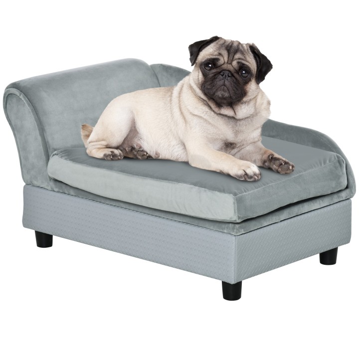 PawHut Hundebett Sofa 76x45x41,5cm mit Stauraum und hoher Rückenlehne, belastbar bis 15 kg, Plüsch und Naturholz, hellblau fü