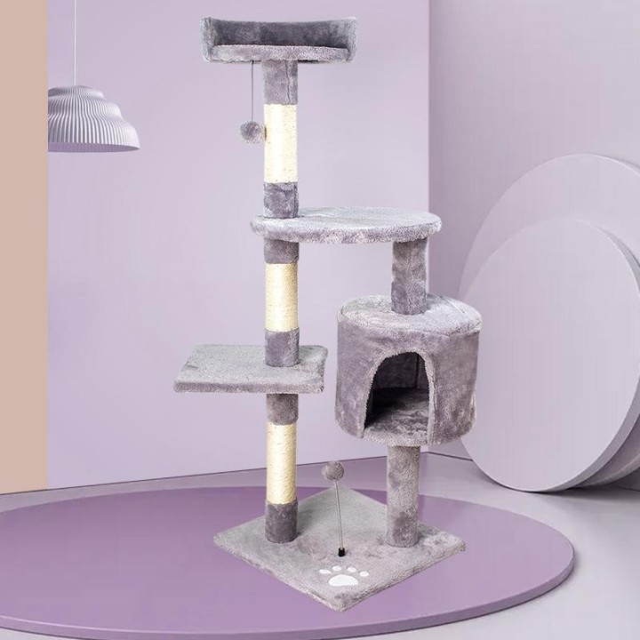 Katzenklettergerüst aus Holz, weicher Plüschstoff, Katzenbaumhaus, 4-stöckiger Turm, Wohnung, Sisal-Sprungplattform, lustiges