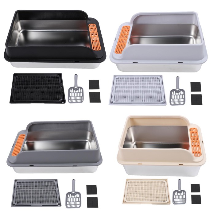 Extra große Katzentoilette, großes Fassungsvermögen, Edelstahl, spritzwassergeschützt, oben offen, leicht zu reinigen für Kat