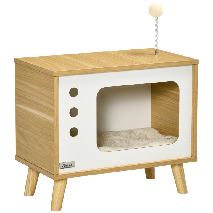 PawHut Katzenhaus im TV-Design  Spielball & Kissen inklusive, Katzenkorb, Eiche/Beige/Weiß, 50x28x43cm  Aosom