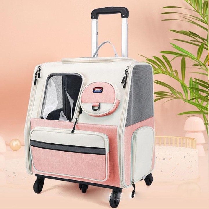 Tragbarer Transporttrolley für Haustiere, atmungsaktive Raumkapsel, die einen Katzenreiserucksack trägt, hohe Qualität L41XW3