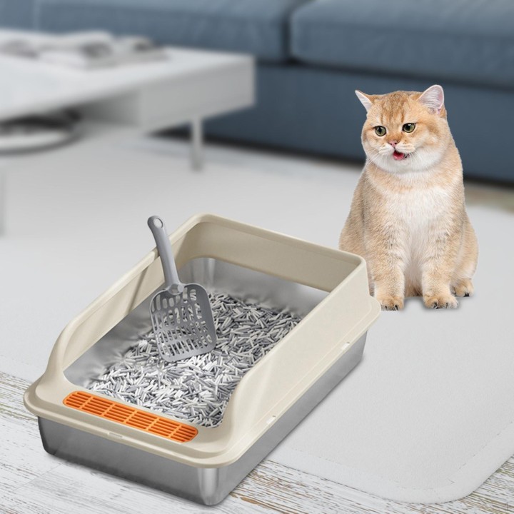 Katzentoilette mit Einstieg von oben, Bettpfanne für Hauskatzen mit hohen Seiten, leicht zu reinigen, niedrig khaki