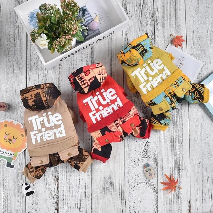 Parkas für vierbeinige Hunde mit Kapuze, warm, bedruckt, für vierbeinige Hunde, winddicht, für den Außenbereich, Overall, Kle