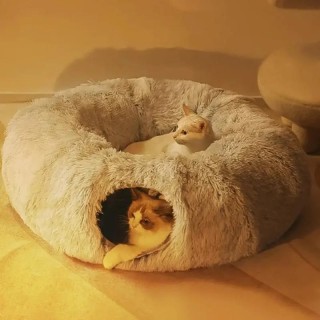 Plüsch-Katzenbett mit Tunnel für Hauskatzen, multifunktionales Katzentunnelbett mit Guckloch, flauschiges Donut-Katzenbett mi