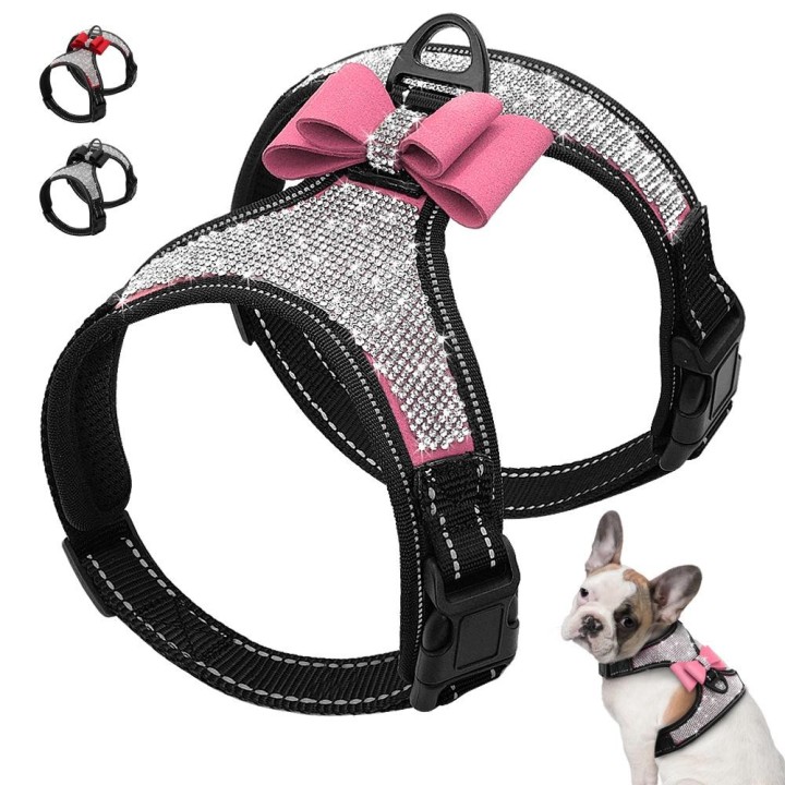 Reflektierendes Hundegeschirr aus Nylon, für Pitbull, Mops, kleine mittelgroße Hunde, Weste, glitzernde Strass-Bowknot, Hunde