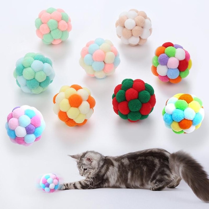 Katzenspielzeug Bunter handgemachter Glockenball Elastischer Ball interaktives Verfolgungsspiel für Haustiere XS weiß