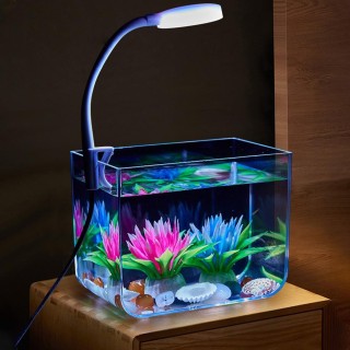 PS Kleines Aquarium, Aquariumbehälter mit LED-Licht, an der Wand montierter Filter, rutschfeste Basis, quadratisches Aquarium