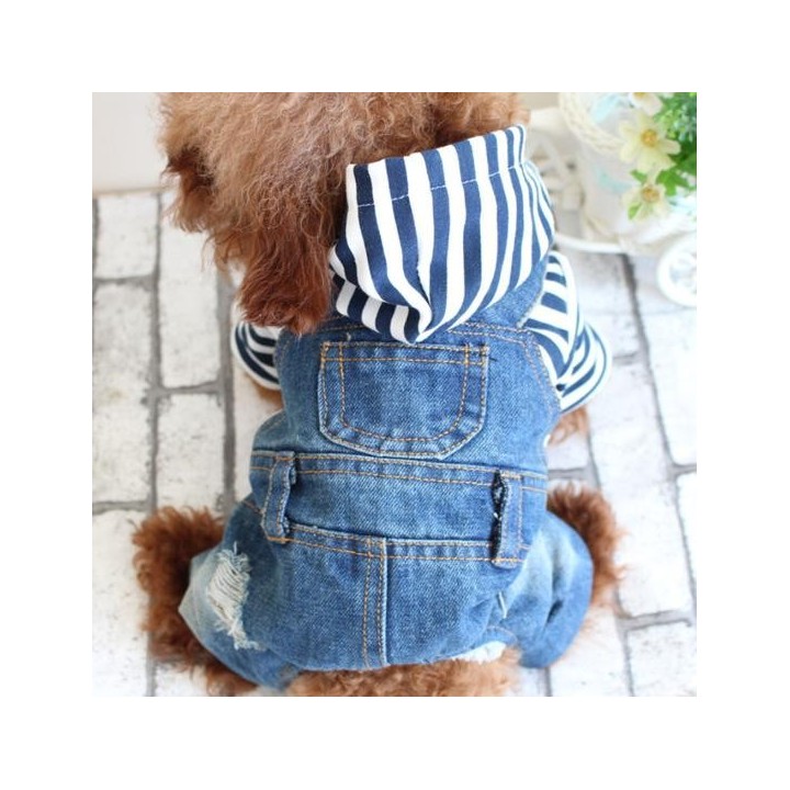 Gestreifte Haustier-Welpen-Jeansjacke, Kapuzenpullover, Kleidung, Overall M