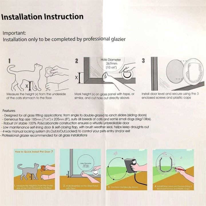 Haustiertür mit Schloss für Katzenwelpen, Hundetür mit Schloss, transparente runde Tür für Fliegenfenster, Glasschiebetür, Gl