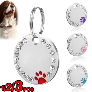 7 Farben Hundemarke Pfotenhalsband Halskette Haustier Katze ID Name graviert Schlüsselanhänger Kette Diamant Epoxy Runde Hund
