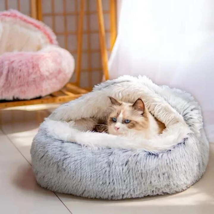 Weiches Plüsch-Haustierbett mit Bezug, rundes Katzenbett, Haustiermatratze, warme Katze/Hund, 2-in-1-Schlafnest, Höhle für kl