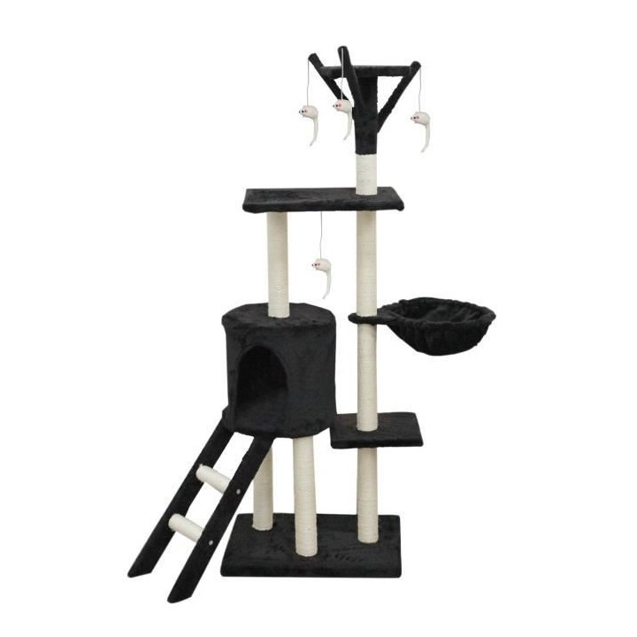 JIPSY Schwarzer Kratzbaum 79 x 34 x 138 cm – 3 Plattformen, 1 Sitzstange, 1 Zwinger, 1 Treppe, Kratzbäume